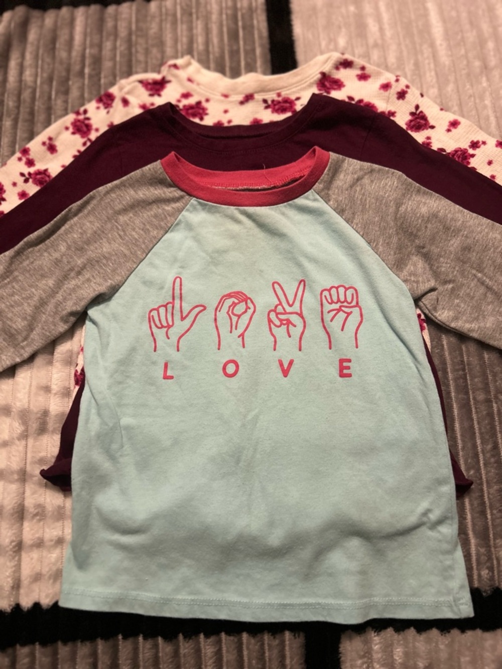 okie dokie Light Blue Raglan Tee with Pink 'LOVE' Sign Graphic
